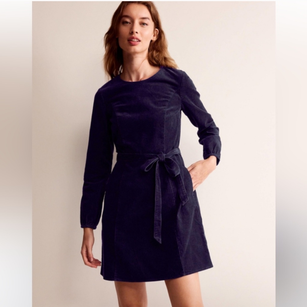 Boden Women's Navy Blue Harriet Corduroy Belted Long Sleeve Dress 4P Petite